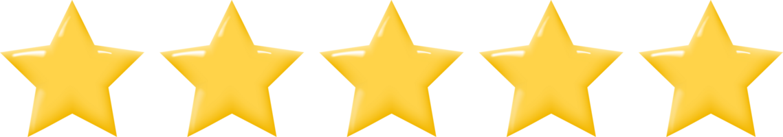 Horizontal row of five golden stars. Isolated on transparent background. png
