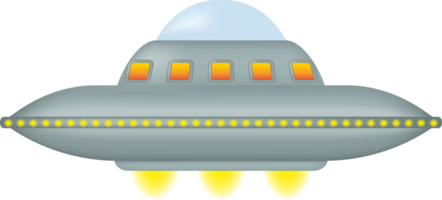 Metallic grey UFO spaceship with glowing yellow lights. Isolated on transparent background. png