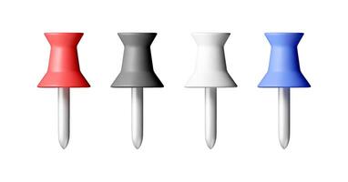 3D set of color push pins isolated on white. Render plastic pushpin, thumbtack. Tools for education and work. Stationery and office supply vector