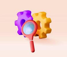 3D cog gears with magnifying glass isolated. Render loupe with cog wheels icon. Search engine optimization, debugging, software upgrade. vector