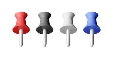 3D set of color push pins isolated on white. Render plastic pushpin, thumbtack. Tools for education and work vector