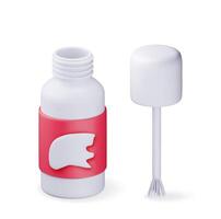 3D Plastic white bottle with stationery corrector isolated. Render correction fluid in container with brush. Tools for education and work. vector