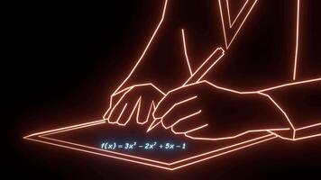 Illustration of a person studying mathematics with formulas flying from a book, designed with neon lines on a dark background video