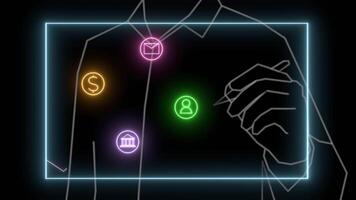 A figure points at a glowing interface displaying user-related, banking, communication, and finance icons, against a black background video