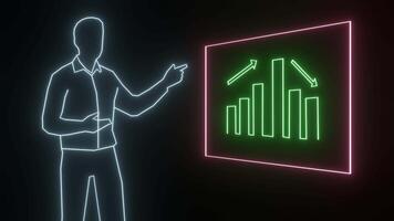 Business professionals explain the trend of using neon graphics on dark backgrounds during presentations video