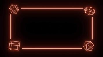 Glowing neon geometric shapGlowing neon geometric shapes, including 3D cubes and polygons, are arranged in the corners of a rectangular frame on a dark background video