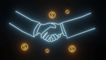 Two hands appear to be shaking hands in neon light, symbolizing unity in business transactions and cooperation. Dollar signs surround the handshake video