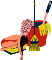 A woman frantically cleaning but struggling to keep up, with an overwhelmed expression representing stress, depression, and heavy household burdens png