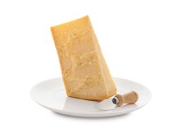 Aged parmesan cheese or parmigiano reggiano and a knife with a wooden handle for cheese on a white plate png