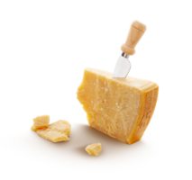 Aged parmesan cheese or parmigiano reggiano and a knife isolated on a transparent background png