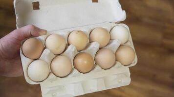 A carton containing ten chicken eggs held in a hand video
