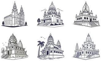 Set of four different buildings, including a temple, a pagoda, a pagoda and a vector
