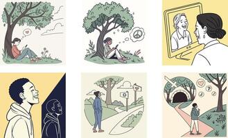 A series of illustrations depicting people in different situations vector