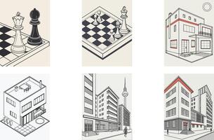 Four different illustrations of buildings and a chess board vector