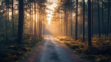 A forest road with trees on either side photo