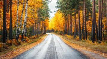 A road with trees on both sides and a road sign in the middle photo