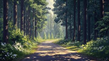 A forest path with a road running through it photo