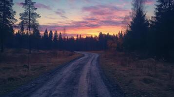 A road with trees in the background and a beautiful sunset in the sky photo