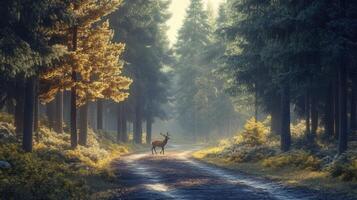 A deer is walking down a road in a forest photo
