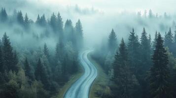 A forest road with foggy trees and a winding road photo