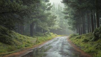A road in the woods is wet from rain photo