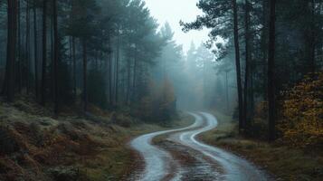 A forest road with a curve in it photo