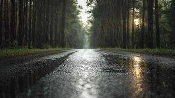 A road is wet and has a lot of rain photo