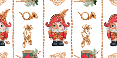 Nutcracker, bugle, drum, fir branches, cones, chains, gears watercolor illustration. Christmas, New Year's tale. Seamless vertical pattern isolated from background. png