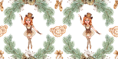 Girl ballerina in the fairy tale Nutcracker and fir branches, pine cones, grass and gears watercolor illustration. Dancer in steampunk style. Seamless pattern isolated on background. png