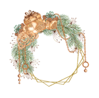 Fir branches, grass, chains, pendants, gears, gifts Christmas and New Year wreath watercolor illustration. Hexagonal frame, border with winter plants isolated from background. Pine, fir, evergreen. png