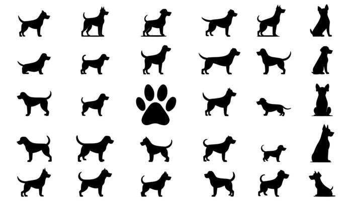 Collection of dog silhouettes various breeds and poses with paw print. A set of dog illustrations with different body shapes including standing, sitting and lying down positions.