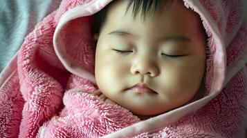 peaceful baby sleeping wrapped in a soft pink blanket photo