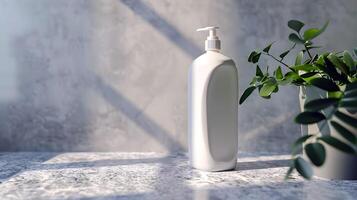white lotion bottle placed on a textured surface in sunlight photo