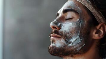 Man relaxing with facial mask applied at spa photo