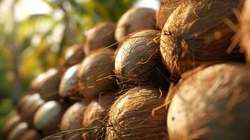 fresh coconuts piled together with natural brown shells photo
