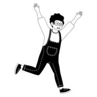 Boy joyfully running in overalls with raised arms during a cheerful moment of playtime vector
