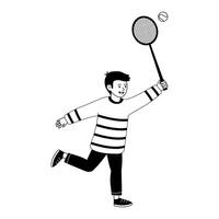 Boy playing tennis with a racket in a dynamic action pose in a black and white illustration vector