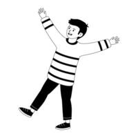 Happy boy in striped sweater joyfully balancing on one foot in casual setting vector