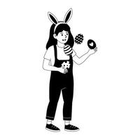 Child in bunny ears juggling Easter eggs and holding cookie during spring festivities vector