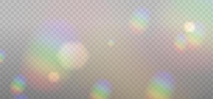 Rainbow sunbeams highlight on a light background with sparkles. Bokeh Glare or reflection from water. Glittering overlay for social media backgrounds, photo shots. illustration. vector