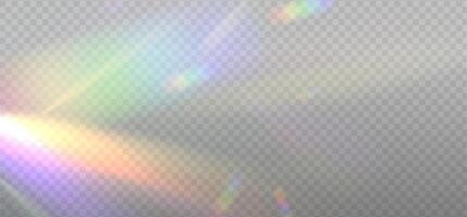 Iridescent crystal leak glare reflection effect. Optical rainbow ray lights, glare, leak, streak overlay. colorful lenses and light flares with transparent effects on light background. vector