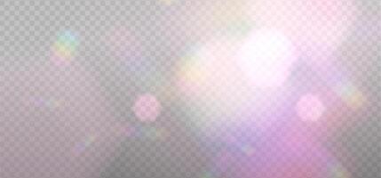 Pink blurred bokeh overlay template for holiday glowing. Rainbow reflection light prism effect on light background. Hologram glass dispersion, crystal flare overlay. shimmer backdrop vector