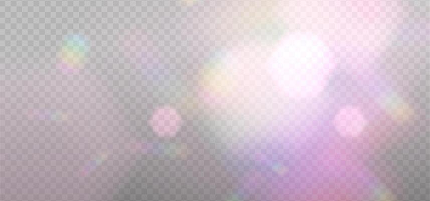 Pink blurred bokeh overlay template for holiday glowing. Rainbow reflection light prism effect on light background. Hologram glass dispersion, crystal flare overlay. shimmer backdrop