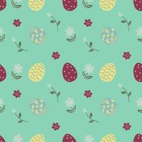 Cute Easter seamless pattern with easter eggs and spring meadow flowers. vector