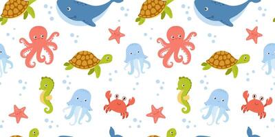 Seamless pattern with sea animals on white background, underwater life, illustrations. Nautical repeating design for nursery and kids vector