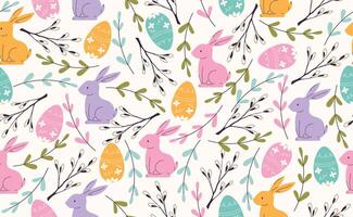 Modern Easter seamless pattern with egg, rabbit, spring flowers. Happy Easter pattern in flat style for background, kids textiles, posters, banners, greeting cards. illustratio vector