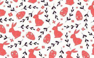Modern Easter seamless pattern with red egg, rabbit, daisy, spring flowers. Happy Easter pattern in flat style for background, kids textiles, posters, banners, greeting cards. illustration. vector