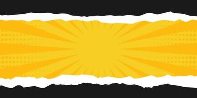 Pop art background decorated with cut and torn paper, halftone and rays. Black and yellow retro design template vector