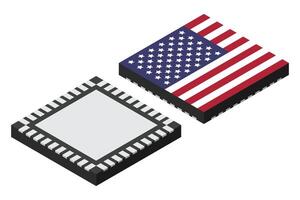 Microchip computer electronic component with USA flag. Microchip icon. Isometric microchip. Computer processor technology. Microprocessor. vector