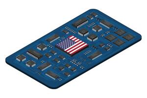 Isometric electronic board with USA flag. Isometric printed circuit board with electronic components. Electronic components and integrated circuit board. vector